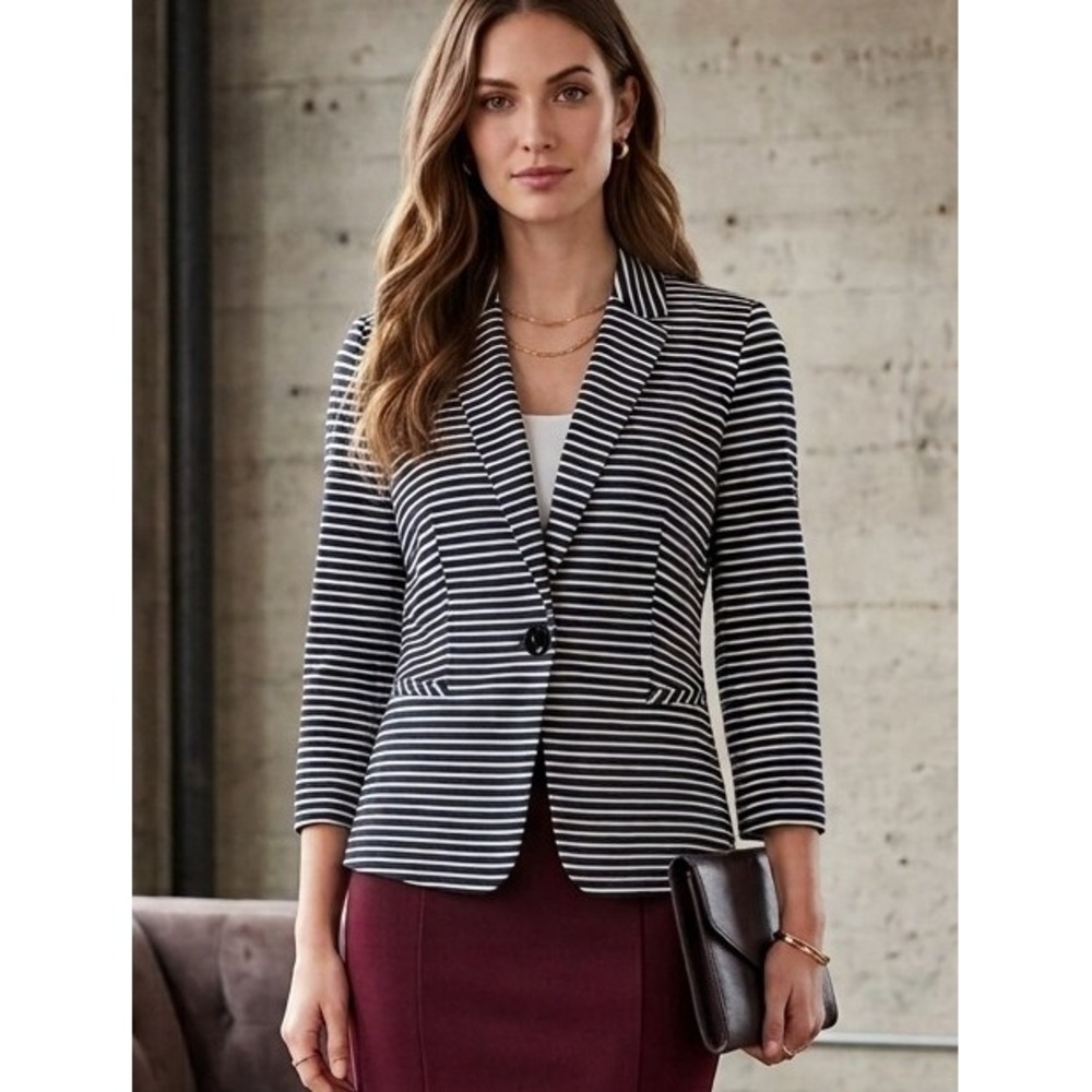Cynthia Rowley L Black White Striped Fitted Knit Blazer Single Button 3/4 Sleeve